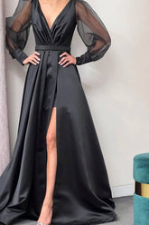 Newinlook A-Line Long Slit Puff Sleeves Evening Dress